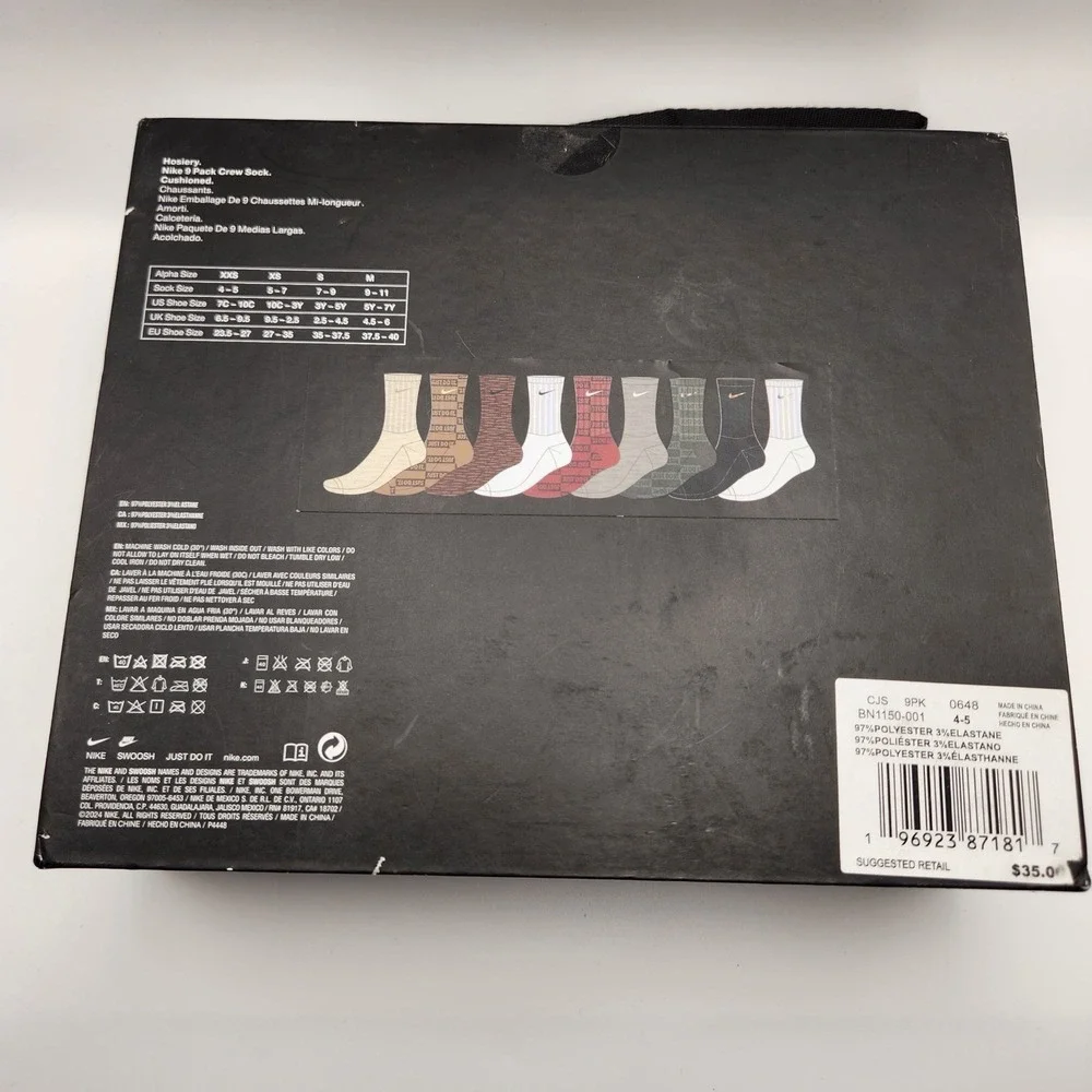NEW 9 PAIR PACK NIKE YOUTH CREW SOCKS CUSHIONED GIFT PACK SIZE 10C-3Y